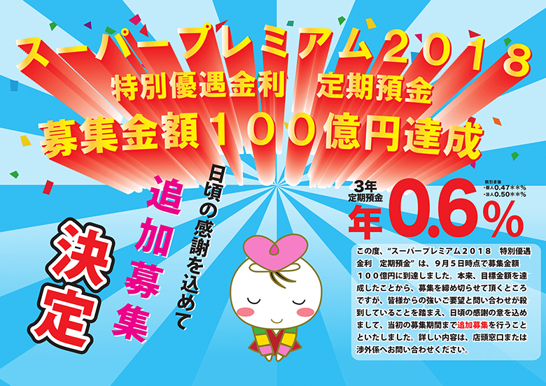 特別優遇金利定期預金スーパープレミアム2018募集金額100億円達成