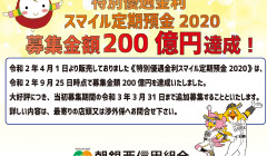 特別優遇金利「スマイル定期預金2020」募集金額200億円達成