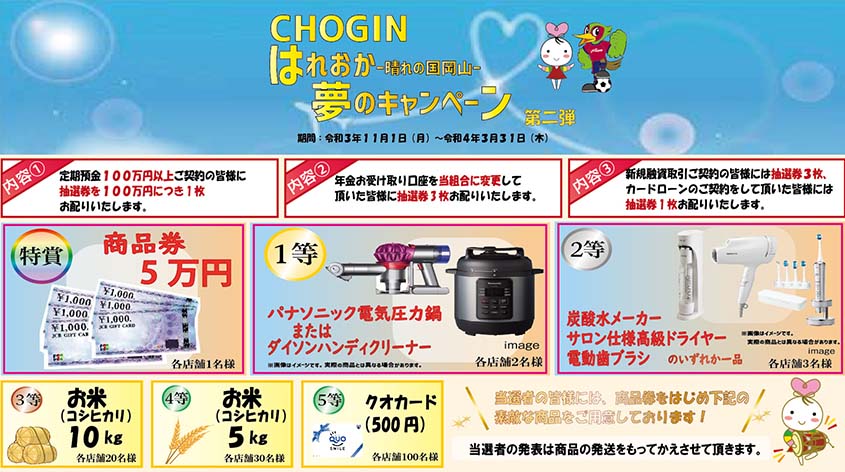 CHOGIN はれおか（晴れの国岡山）夢のキャン​​ペーン第二弾実施のお知らせ